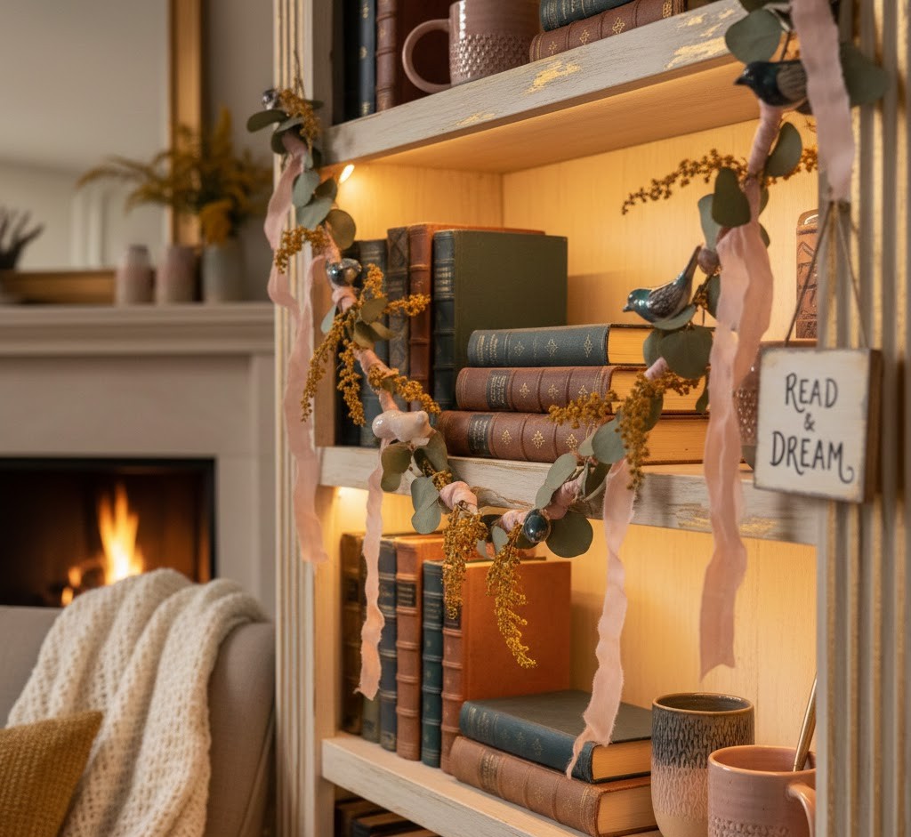 Garland on bookshelf